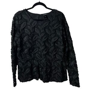 Ann Taylor Black Blouse Top Leaf Print Pleated Embroidered Peplum SZ 14 XL Lined